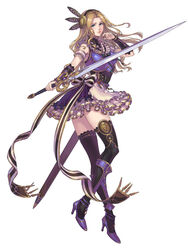  alternate_costume armor armored_boots blonde_hair boots breastplate feathers female green_eyes highres holding holding_sword holding_weapon long_hair official_art purple_armor silmeria_valkyrie sword thighhighs third-party_source valkyrie valkyrie_anatomia valkyrie_profile_(series) weapon 