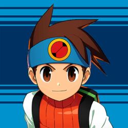  &gt;:) 1boy backpack bag blue_background brown_eyes brown_hair closed_mouth headband lan_hikari_(mega_man) looking_at_viewer male_focus mega_man_(series) mega_man_battle_network_(series) mega_man_x_(series) mega_man_x_dive mizuno_keisuke official_art short_hair smile solo spiked_hair third-party_source v-shaped_eyebrows vest 