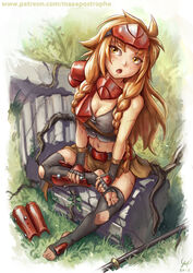  armor black_leggings blush braid breasts cleavage column crop_top feet female freckles grass holding holding_own_foot leather leggings les_chevaucheurs long_hair marble_(stone) maxa&#039; messy_hair midriff navel orange_hair patreon_username phenice_walholl pillar plant plant_roots polearm red_armor removing_armor ruins scar side_braids soles solo spear toes twin_braids undressing vines weapon white_background yellow_eyes 