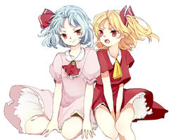  2girls adapted_costume arms_between_legs ascot blonde_hair blue_hair breasts brooch closed_mouth collarbone collared_shirt dress flandre_scarlet frilled_sleeves frills green_brooch jewelry medium_hair multiple_girls no_headwear open_mouth pink_dress poporokuroisu1997 puffy_short_sleeves puffy_sleeves red_ascot red_eyes red_shirt remilia_scarlet shirt short_sleeves shoulder-to-shoulder siblings simple_background sisters sitting small_breasts touhou v_arms white_background yellow_ascot 