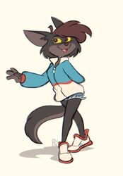  absurd_res anthro black_body black_fur bottomwear brown_hair brown_nose canid canine canis clothed clothing conditional_dnp dakota_(serarel) denim denim_clothing female footwear fox-pop fur hair hi_res jacket mammal shoes shorts steel_tundra topwear wolf 