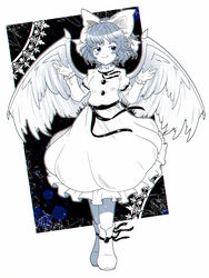  angel_wings black_ribbon black_sash blue_eyes blue_hair blush bow breasts buttons closed_mouth commentary_request dress dungeon_toaster feathered_wings female footwear_ribbon frilled_dress frilled_sleeves frills full_body hairbow happy highres juliet_sleeves limited_palette long_sleeves mai_(touhou) puffy_sleeves ribbon sash short_hair sleeve_garter small_breasts smile solo standing touhou touhou_(pc-98) white_bow white_dress white_footwear white_wings wings 