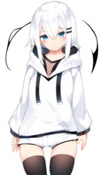  black_thighhighs blue_eyes blush commentary_request female hair_between_eyes hair_ornament hairclip highres hood hoodie looking_at_viewer original otokuyou ringo-chan_(otokuyou) short_hair short_shorts shorts sidelocks simple_background solo standing thighhighs white_background white_hair white_hoodie white_shorts 