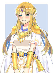  alternate_color armor blonde_hair blue_eyes blush breasts cape commentary commission cowboy_shot dress earrings female gold grin happy jewelry long_hair necklace ooshio7734 pointy_ears princess_zelda shoulder_armor sidelocks skeb_commission smile solo super_smash_bros. the_legend_of_zelda the_legend_of_zelda:_a_link_between_worlds triforce triforce_earrings white_dress 