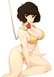  absurdres bikini breasts brown_eyes brown_hair chain_leash chains cleavage collar commentary female heart highres kawakami_sadayo large_breasts leash legs looking_at_viewer navel persona persona_5 persona_5_the_royal short_hair simple_background sitting slugbox solo strap_gap swimsuit thighs white_background yellow_bikini yellow_collar 