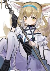  animal_ears arknights azuazu_0405 bad_id bad_twitter_id bare_shoulders black_footwear black_gloves blonde_hair blush female fox_ears fox_girl fox_tail frilled_skirt frills gloves green_eyes hairband highres holding holding_staff knees_up material_growth multiple_tails oripathy_lesion_(arknights) pantyhose shoes simple_background single_glove sitting skirt solo staff suzuran_(arknights) tail white_background white_pantyhose 