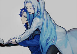  1boy angela_(project_moon) armband black_pants blue_hair blue_jacket chesed_(project_moon) closed_eyes commentary_request female grey_background hug hug_from_behind jacket lab_coat light_blue_hair lobotomy_corporation long_hair long_sleeves nishikujic one_side_up open_mouth pants project_moon shirt short_hair simple_background smile white_shirt yellow_eyes 