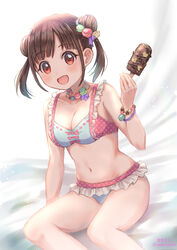  :d bikini blush bracelet breasts brown_eyes brown_hair cleavage collarbone commentary_request double_bun female food frilled_bikini frills hair_bun hair_ornament hand_up highres holding holding_food ice_cream idolmaster idolmaster_shiny_colors jewelry looking_at_viewer medium_breasts navel necklace open_mouth short_hair sitting smile solo sonoda_chiyoko soramame_tomu stomach swimsuit twintails 