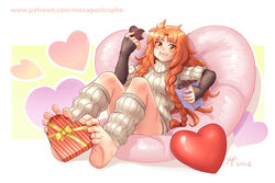  2021 bag bare_legs barefoot between_feet bow braid candy chocolate eating feet female fingerless_gloves food foot_focus full_mouth gloves happy_valentine heart heart-shaped_chocolate heart-shaped_pillow holding holding_bag holding_food holding_with_feet leg_warmers les_chevaucheurs long_hair long_sleeves looking_at_viewer maxa&#039; messy_hair orange_hair patreon_username phenice_walholl pillow side_braids solo spread_toes striped sweater toes turtleneck turtleneck_sweater twin_braids valentine white_background white_leg_warmers wrapped yellow_eyes 