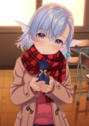  animal_ears blue_hair blush braid breasts brown_coat classroom closed_mouth coat commentary_request elliot_leucosia enjo_kouhai female fins fish_girl gift hair_between_eyes hair_ornament hands_up head_fins head_tilt heart highres holding holding_gift indoors long_sleeves looking_at_viewer plaid plaid_scarf red_scarf ribbon scarf short_hair smile solo takunomi valentine 