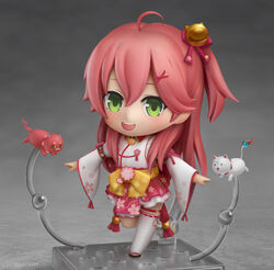  35p_(sakura_miko) :d absurdres ahoge artist_name bell cherry_blossom_print chibi commentary english_commentary faux_figurine female floral_print full_body green_eyes hair_bell hair_between_eyes hair_ornament highres hololive japanese_clothes kimono kintoki_(sakura_miko) long_hair looking_at_viewer nendoroid open_mouth outstretched_arms red_hair round_teeth sakura_miko sakura_miko_(1st_costume) shiori2525 smile solo standing standing_on_one_leg teeth thighhighs upper_teeth_only virtual_youtuber white_kimono white_thighhighs wide_sleeves x_hair_ornament 