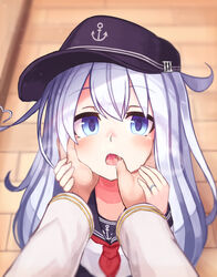  1boy anchor anchor_symbol blue_eyes blush female finger_in_another&#039;s_mouth flat_cap grey_hair hat heart heart_hair hibiki_(kancolle) highres jewelry kantai_collection long_hair long_sleeves neckerchief open_mouth red_neckerchief reitou_mikan ring sailor_collar saliva school_uniform serafuku solo_focus wedding_ring 