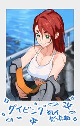  animal blurry blurry_foreground breasts cleavage closed_mouth collarbone commentary dripping female fish gochiwa green_eyes hair_between_eyes long_hair original red_hair scuba scuba_gear scuba_tank silhouette smile solo symbol-only_commentary upper_body water wet zipper 