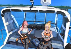  2girls absurdres blonde_hair blue_eyes blue_sky boat bottle bowl can chair chopsticks collarbone commentary food gochiwa green_eyes green_hair hair_between_eyes hair_bun highres holding holding_bowl holding_chopsticks holding_instrument instrument long_hair monitor multiple_girls music noodles original outdoors pink_hair playing_instrument ramen single_hair_bun sitting sky tackle_box water water_bottle watercraft 