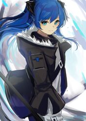  arknights azuazu_0405 bad_id bad_twitter_id black_jacket blue_eyes blue_hair buckle closed_mouth commentary demon_horns female from_side fur-trimmed_hood fur-trimmed_jacket fur_trim gloves halo highres holding holding_staff hood horns jacket long_hair long_sleeves looking_at_viewer looking_to_the_side mostima_(arknights) open_clothes open_jacket shirt smile snap-fit_buckle solo staff upper_body white_background white_shirt 