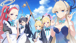  &gt;_&lt; &lt;key&gt;_(robot)_(blue_archive) 5girls absurdres animal_ears apron aqua_halo aris_(blue_archive) aris_(maid)_(blue_archive) arm_up bad_id bad_pixiv_id black_dress black_hair blonde_hair blue_archive blue_bow blue_bowtie blue_eyes blue_halo blue_leotard blue_ribbon blue_sky bow bowtie braid breasts closed_eyes closed_mouth commentary_request detached_collar double_v dress fake_animal_ears flat_chest frilled_apron frills game_development_department_(blue_archive) green_eyes green_halo hair_ribbon halo headset highres holding holding_mop kaerunrun large_breasts leotard light_brown_hair long_hair long_sleeves maid maid_apron maid_headdress midori_(blue_archive) midori_(maid)_(blue_archive) momoi_(blue_archive) momoi_(maid)_(blue_archive) mop multiple_girls official_alternate_costume open_mouth pink_eyes pink_halo playboy_bunny ponytail puffy_long_sleeves puffy_short_sleeves puffy_sleeves purple_eyes rabbit_ears red_hair ribbon short_hair short_sleeves siblings sisters sky sleeve_cuffs smile strapless strapless_leotard toki_(blue_archive) toki_(bunny)_(blue_archive) twins upper_body v very_long_hair white_apron wrist_cuffs yellow_halo yuzu_(blue_archive) yuzu_(maid)_(blue_archive) 