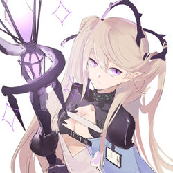  arknights black_gloves breasts brown_hair closed_mouth commentary_request dress e-bushi female gloves highres holding holding_staff indigo_(arknights) long_hair looking_at_viewer purple_eyes simple_background small_breasts solo sparkle staff twintails uneven_eyes upper_body very_long_hair white_background white_dress 