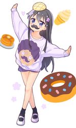  arm_up black_hair black_socks blue_eyes blue_shorts blush bread butter commentary_request crossed_legs doughnut emoji fake_facial_hair fake_mustache female flower food food_on_head full_body hair_between_eyes hair_flower hair_ornament heart higero_(wataten) ice_cream jigatei_(omijin) long_hair long_sleeves looking_at_viewer melon_bread object_on_head outstretched_arm pancake pancake_stack pink_flower print_sweater puffy_long_sleeves puffy_sleeves purple_sweater shirosaki_hana shoes short_shorts shorts simple_background sleeves_past_wrists socks soft_serve solo standing sweater very_long_hair watashi_ni_tenshi_ga_maiorita! white_background white_footwear 