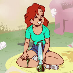  1:1 anthro bong bottomwear breasts canid canine canis cleavage clothed clothing crossed_legs disney domestic_dog drugs female fully_clothed goof_troop hair hatebit mammal marijuana markings mole_(marking) red_hair red_sclera roxanne_(goof_troop) shorts sitting smoking_pipe solo stoned substance_intoxication 