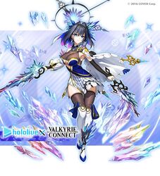  armor black_hair blue_eyes blue_hair breasts crossover crystal earrings english_commentary female full_body hair_intakes hair_ornament holding holding_weapon hololive hololive_english ice jewelry large_breasts looking_at_viewer official_alternate_costume official_art ouro_kronii short_hair solo valkyrie_connect virtual_youtuber weapon 