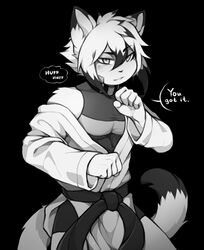  5_fingers anthro clothed clothing coff dipstick_ears dipstick_tail domestic_cat ear_markings english_text ereki_kagami eyebrows felid feline felis fingers hair hi_res male mammal markings monochrome multicolored_ears solo tail tail_markings text 