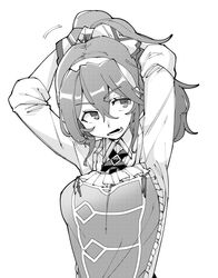  alternate_costume apron ascot ashigara_(kancolle) ashigara_kai_ni_(kancolle) breasts brooch comb female greyscale hair_between_eyes hair_ribbon higaragi highres jewelry kantai_collection long_hair long_sleeves medium_breasts monochrome oerba_yun_fang official_alternate_costume open_mouth ponytail ribbon shirt simple_background solo tying_hair upper_body white_background 