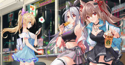  3girls 7-eleven absurdres angelina_(arknights) arknights azur_lane bare_shoulders black_choker black_dress black_hairband blonde_hair blue_eyes blue_skirt bow breasts brown_hair casual chinese_commentary choker cleavage commentary_request cowboy_shot crop_top cup disposable_cup dress drinking_straw food from_side genshin_impact grin hair_ribbon hairband hairbow heart high-waist_skirt highres jacket jean_(genshin_impact) kebab long_hair looking_at_viewer medium_breasts midriff miniskirt multiple_girls navel off_shoulder open_clothes open_jacket ponytail prinz_heinrich_(azur_lane) profile purple_bow red_eyes red_ribbon ribbon short_dress skirt smile standing starbucks stomach thigh_strap thighhighs thighs white_thighhighs yvettechou 