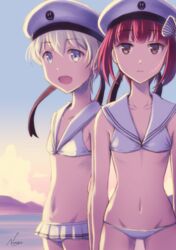  2girls bikini bikini_skirt blue_eyes brown_eyes brown_hair clothes_writing commentary_request cowboy_shot flat_chest gradient_sky grey_hair groin hat kantai_collection looking_at_viewer lowleg lowleg_bikini multiple_girls nao_(nao_eg) navel open_mouth outdoors sailor_bikini sailor_collar sailor_hat short_hair side-tie_bikini_bottom signature sky standing sunset swimsuit white_bikini white_headwear white_sailor_collar z1_leberecht_maass_(kancolle) z1_leberecht_maass_(swimsuit_mode)_(kancolle) z3_max_schultz_(kancolle) z3_max_schultz_(swimsuit_mode)_(kancolle) 