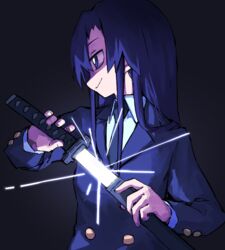  black_background blazer buttons drawing_sword female goshiki_agiri highres holding holding_sword holding_weapon jacket katana kill_me_baby long_hair necktie purple_eyes school_uniform shiny solo sword weapon yachima_tana 