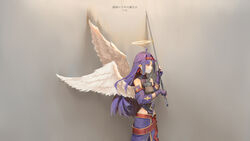  absurdres ahoge angel angel_wings armor black_gloves breastplate commentary dated detached_sleeves feathered_wings feathers feet_out_of_frame female from_side gloves hair_intakes halo headband highres hip_vent holding holding_sword holding_weapon long_hair magic obsidian_slasher pointy_ears purple_hair red_eyes red_headband ronnie_choy sidelocks solo spread_wings sword sword_art_online translated unsheathed weapon white_feathers white_wings wings yellow_halo yuuki_(sao) 