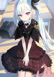  asymmetrical_bangs asymmetrical_hair backpack bag black_bag black_jacket blue_archive classroom closed_mouth commentary dress epaulettes expressionless female frilled_skirt frills hair_between_eyes hair_ornament hands_on_lap high-waist_skirt highres indoors jacket layered_skirt long_hair looking_at_viewer mutsuki_(blue_archive) neck_ribbon out_of_frame own_hands_together pink_eyes plaid plaid_skirt pov red_ribbon red_skirt ribbon shirt short_sleeves side_ponytail sitting sitting_on_table skirt sweat table unworn_bag very_long_hair wasabi60 white_hair white_shirt 