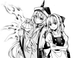  2girls apron bad_id bad_pixiv_id closed_mouth crossed_arms greyscale hand_fan hat kirisame_marisa long_hair looking_at_viewer matara_okina monochrome multiple_girls no_headwear puffy_short_sleeves puffy_sleeves sameya short_sleeves simple_background skirt smile tabard touhou upper_body vest waist_apron white_background 