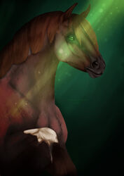  ambiguous_gender brown_body brown_hair brown_mane digital_media_(artwork) equid equine feral green_eyes hair hi_res horse light light_beam looking_at_viewer mammal mane rune7c simple_background solo trent_(wasen) 