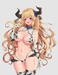  animal_print baeg_mi bell blonde_hair blue_eyes breasts cow_girl cow_print cowbell draph elbow_gloves female gloves granblue_fantasy highleg highleg_swimsuit highres horns large_breasts long_hair looking_at_viewer navel razia solo swimsuit thighhighs very_long_hair 