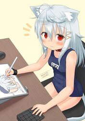  ahoge animal_ear_fluff animal_ears blue_one-piece_swimsuit blush breasts cat_ears cat_girl chair collar drawing female grey_hair hair_ornament hairclip highres keypad long_hair looking_at_viewer old_school_swimsuit one-piece_swimsuit original red_eyes school_swimsuit sitting small_breasts smile solo stealthwriter stylus swimsuit table tablet_pc 