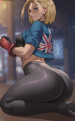  ass blonde_hair blurry blurry_background blush breasts cammy_white closed_mouth commentary female gloves highres lips looking_at_viewer medium_breasts midriff pantyhose patreon_username red_gloves scar scar_on_face shexyo short_hair sitting solo street_fighter street_fighter_6 union_jack wariza 