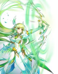  absurdres bodysuit bow_(weapon) breasts cleavage daybreaker_(elsword) elbow_gloves elf elsword female floating_hair gloves green_eyes green_hair green_neckwear green_wings highres holding holding_bow_(weapon) holding_weapon large_breasts long_hair official_art pointy_ears rena_erindel skin_tight solo thigh_gap transparent_background very_long_hair weapon white_bodysuit white_gloves wind winged_hair_ornament wings 