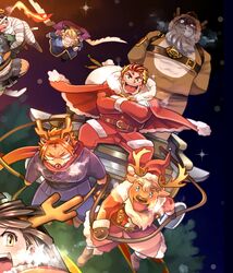  6+boys animal_ears antlers arsalan_(housamo) azazel_(housamo) beard blush breath chibi christmas claude_(housamo) deer_boy deer_ears facial_hair fake_horns feathered_wings female floating flying full_body goat_boy goat_ears goatee highres horns laurel_crown lion_boy long_sideburns multiple_boys nomad_(housamo) protagonist_2_(housamo) reindeer_antlers reindeer_boy santa_costume scarf sideburns smile snow snow_(housamo) sumi_wo_hakuneko tiger_boy tiger_ears tokyo_afterschool_summoners wings yule_(housamo) zabaniyya_(housamo) 