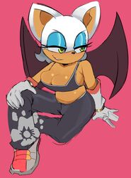  2022 anthro bottomwear bra breasts chiropteran cleavage clothed clothing eyeshadow female footwear gloves green_eyes handwear hi_res justdavefnd makeup mammal narrowed_eyes pants rouge_the_bat sega shoes simple_background solo sonic_the_hedgehog_(series) sports_bra tan_body tan_skin underwear wings 