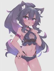  ahoge animal_ear_fluff animal_ears arm_belt armband bare_shoulders belt belt_buckle black_choker black_collar blush borrowed_character breasts brown_kemomimi-chan_(krr) buckle cat_ears choker cleavage cleavage_cutout clothing_cutout collar collarbone cowboy_shot dark-skinned_female dark_skin dungeon_and_fighter eyes_visible_through_hair female gradient_background grey_background hair_between_eyes hand_on_own_hip high_ponytail long_hair looking_at_viewer medium_breasts micro_shorts midriff navel oerba_yun_fang open_mouth original pink_eyes ponytail purple_eyes purple_hair shorts sidelocks simple_background solo stomach tomcat_(moconeko) very_long_hair 