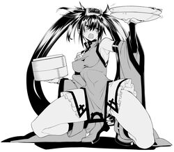  10mo armpits bare_shoulders blush breasts china_dress chinese_clothes covered_navel covered_nipples detached_sleeves dress female frilled_skirt frills greyscale guilty_gear guilty_gear_x guilty_gear_xx hair_between_eyes high_heels highres kneeling kuradoberi_jam long_hair medium_breasts monochrome open_mouth pelvic_curtain plate sidelocks simple_background skin_tight skirt solo squatting thick_thighs thighs tight_clothes tiptoes tray white_background wide_sleeves 