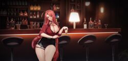  ahoge alcohol bar_(place) bar_stool beast_hunter_(last_origin) belt between_breasts black_belt black_bra black_collar black_shorts bra bra_peek bracelet breasts buttons cherry cleavage cocktail_shaker collar counter cowboy_shot cross cross_earrings cup drink drinking_glass earrings female food fruit glass_bottle hair_intakes highres holding holding_cup holding_drink huge_ahoge indoors jewelry lamp large_breasts last_origin leather_shorts liquor long_hair looking_at_viewer nail_polish o-ring_strap o-ring_suspenders official_alternate_costume official_art parted_lips partially_unbuttoned red_eyes red_hair red_nails red_shirt shelf shirt shorts shot_glass sitting sleeves_rolled_up solo stool suspenders tachi-e thick_eyebrows thick_thighs thigh_strap thighs third-party_source tunamayo_(dsasd751) underwear very_long_hair 