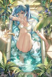  barefoot bath bathtub blue_eyes blue_flower blue_hair commentary_request dress faucet female flower hatsune_miku highres indoors knees_up long_hair looking_at_viewer parted_lips partially_submerged plant potted_plant purple_flower qie short_sleeves signature solo tile_floor tiles twintails very_long_hair vocaloid water white_dress wide_sleeves 