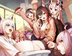  6+girls ahoge animal_ear_fluff animal_ears aqua_eyes beret birthday_cake birthday_party black_hair blush bone_hair_ornament bow braid brown_hair cake cardigan cat_girl closed_eyes demon_girl dog_ears dog_girl flipped_hair food fox_ears fox_girl gradient_hair green_eyes hair_between_eyes hair_bun hair_ornament hairclip hat highres hololive hololive_gamers horns indoors inugami_korone inugami_korone_(street) jewelry long_hair low_twin_braids maid_headdress medium_hair multicolored_hair multiple_girls music nakiri_ayame nakiri_ayame_(girly) necklace nekomata_okayu oerba_yun_fang official_alternate_costume one_side_up oni ookami_mio ookami_mio_(street) oozora_subaru oozora_subaru_(casual) open_mouth pink_hair ponytail purple_eyes purple_hair red_eyes red_hair sakura_miko sakura_miko_(casual) shirakami_fubuki short_hair side_braid singing single_side_bun skin-covered_horns sleeves_past_wrists smile streaked_hair sue_(bg-bros) sweater swept_bangs tail tail_around_own_leg tail_wrap teeth tokoyami_towa tokoyami_towa_(jirai_kei) twin_braids upper_teeth_only very_long_hair virtual_youtuber white_hair wolf_ears wolf_girl wolf_tail yellow_eyes 