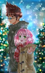  1boy :d akira_ituki blue-tinted_eyewear brown_coat brown_eyes brown_hair christmas coat female green_coat green_eyes hair_intakes long_hair macross macross_7 mylene_jenius nekki_basara open_mouth outdoors parted_lips pink_hair plaid plaid_scarf red_scarf round_eyewear scarf smile snowflakes spiked_hair sunglasses tinted_eyewear winter_clothes winter_coat 