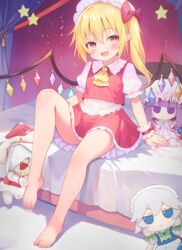  :d absurdres arm_support ascot bad_id bad_pixiv_id bare_legs barefoot blonde_hair bow crystal feet female flandre_scarlet flat_chest full_body fumo_(doll) hairbow hat highres izayoi_sakuya knee_up legs looking_at_viewer mob_cap oerba_yun_fang on_bed one_side_up open_mouth patchouli_knowledge pink_eyes pointy_ears red_bow red_skirt red_vest remilia_scarlet short_hair sitting skin_fang skirt skirt_set smile solo star_(symbol) toenails toes touhou vest wings wrist_cuffs yellow_ascot youyueyue 