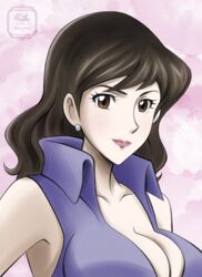  absurdres bare_shoulders blush breasts brown_eyes brown_hair copyright_name female highres large_breasts lips lipstick long_hair looking_at_viewer lupin_iii makeup mature_female mine_fujiko painting_(medium) pink_background portrait purple_shirt remyfive shirt sleeveless smile solo traditional_media watercolor_(medium) watermark wavy_hair 