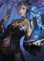  astrologian_(final_fantasy) au_ra blue_eyes blurry blurry_background breasts card commission detached_sleeves dragon_horns dutch_angle female final_fantasy final_fantasy_xiv forest heterochromia highres holding holding_card horns jewelry lips looking_at_viewer medium_breasts nature navel nibelart pendant_choker pink_eyes pink_hair ring scales short_hair solo warrior_of_light_(ff14) 