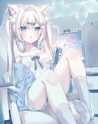  :o animal_ear_fluff animal_ears blue_bow blue_eyes blue_jacket blue_shorts blush bow breasts camisole can chair commentary energy_drink female frilled_camisole frills grey_socks hair_between_eyes hair_ornament hairclip headphones headphones_around_neck highres holding holding_can hoshi_(snacherubi) indoors jacket monitor no_shoes off_shoulder office_chair on_chair open_clothes open_jacket original panties panties_under_shorts parted_lips pillow red_bull ribbed_legwear short_shorts shorts sitting small_breasts socks soles solo strap_slip swivel_chair symbol-only_commentary two_side_up underwear upshorts white_camisole white_hair white_panties 