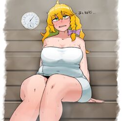  bad_id bad_twitter_id bags_under_eyes blonde_hair blush bow braid breasts commentary cookie_(touhou) feet_out_of_frame female green_eyes hair_between_eyes hairbow hot kirisame_marisa large_breasts long_hair mars_(cookie) naked_towel ohasi open_mouth plump purple_bow sauna side_braid single_braid sitting solo sweat thermometer touhou towel translated 